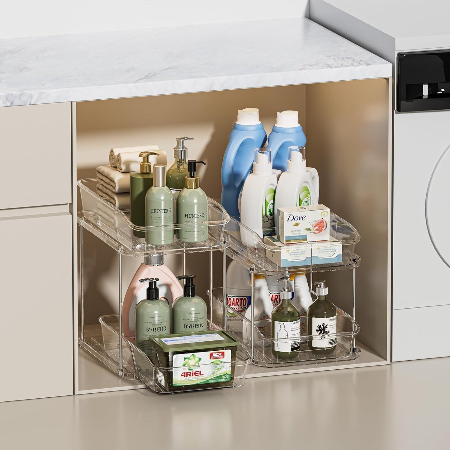 2 Sets of 2-Tier Clear under Sink Organizers and Storage, Multi-Purpose Stackable Bathroom Cabinet Organizers, Pull Out Kitchen Pantry Organization and Storage with Dividers