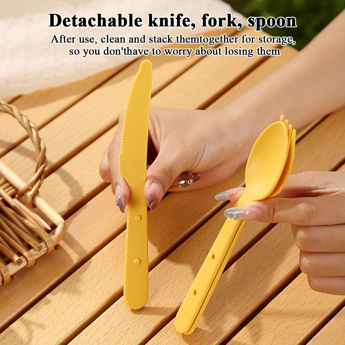 Compact Camping Mess Kit with Bowl, Plate, Cup, Spoon, Fork, Knife, and Carry Bag - Space-Saving, Portable Plastic Utensils for Travel, Picnics, and Outdoor Activities (Gold Yellow)