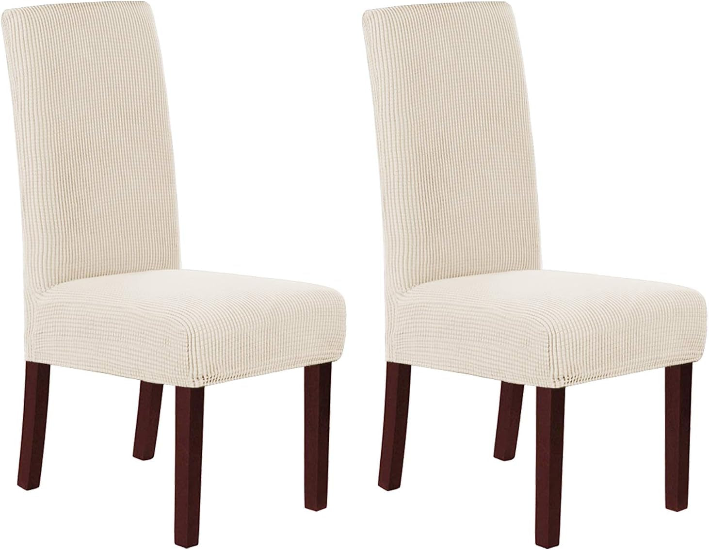 Stretch Dining Chair Covers Set of 2 Chair Covers for Dining Room Parsons Chair Slipcover Chair Protectors Covers Dining, Feature Textured Checked Jacquard Fabric, Natural