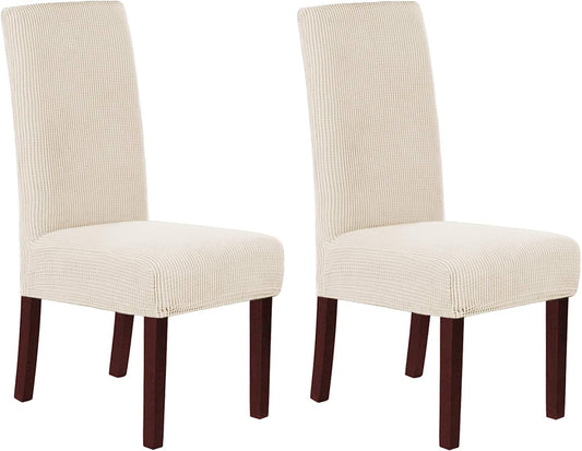 Stretch Dining Chair Covers Set of 2 Chair Covers for Dining Room Parsons Chair Slipcover Chair Protectors Covers Dining, Feature Textured Checked Jacquard Fabric, Natural