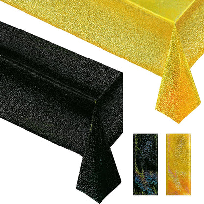 Holographic Laser Tablecloth Set - Waterproof and Easy to Clean - Perfect for Halloween, Bachelorette, Mermaid, Birthday, Wedding, and Anniversary Celebrations (Black & Gold, Set of 2)