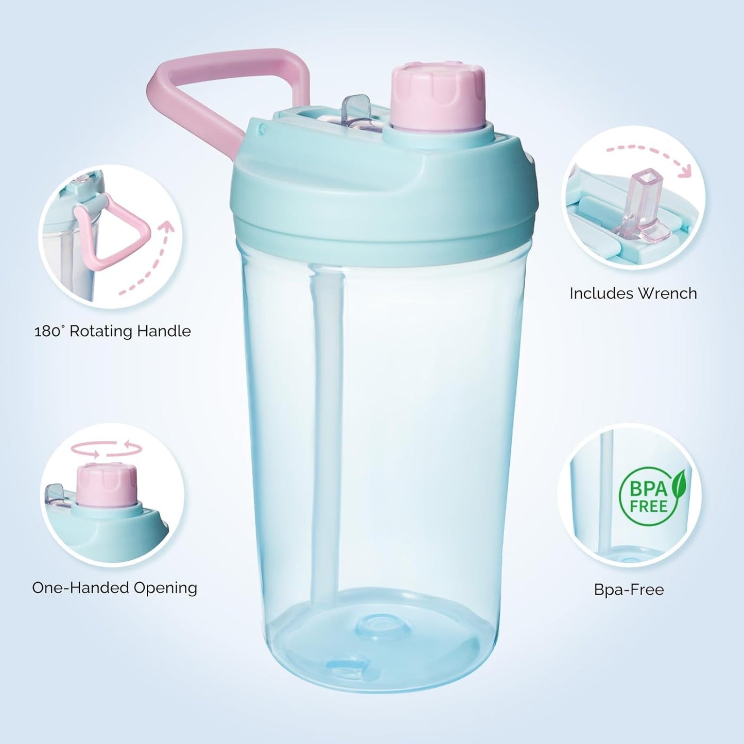 12Oz Kids Water Bottle with Straw Leak-Proof Toddler Water Bottle Plastic Water Bottles Bpa-Free Toddler Straw Cups with Handle for Travel Fitness School, BLUE