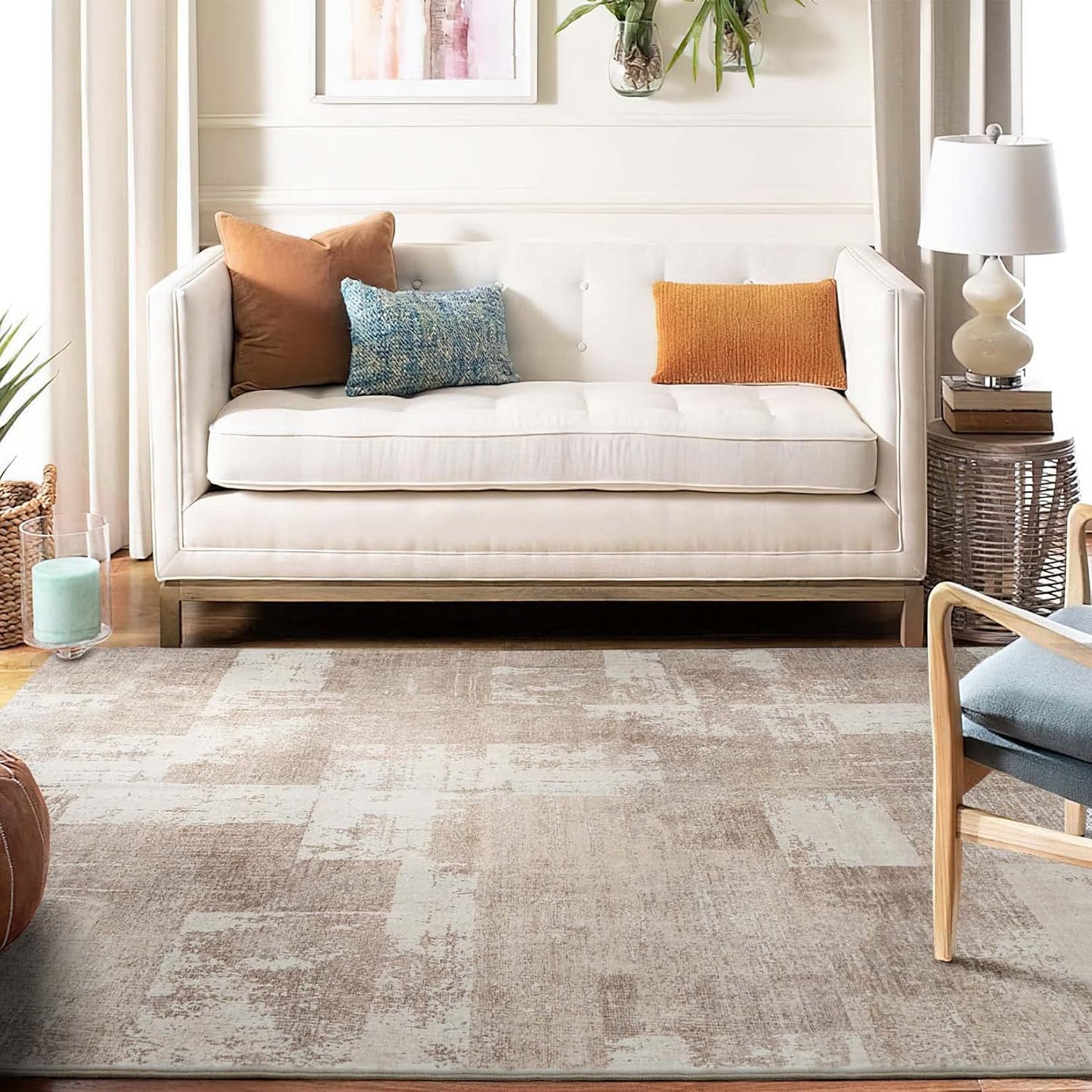 Area Rug Living Room Rugs: 5X7 Indoor Soft Small Low Pile Carpet Abstract Decor Large Washable for Bedroom Dining Room under Kitchen Table Home Office - Beige/Ivory