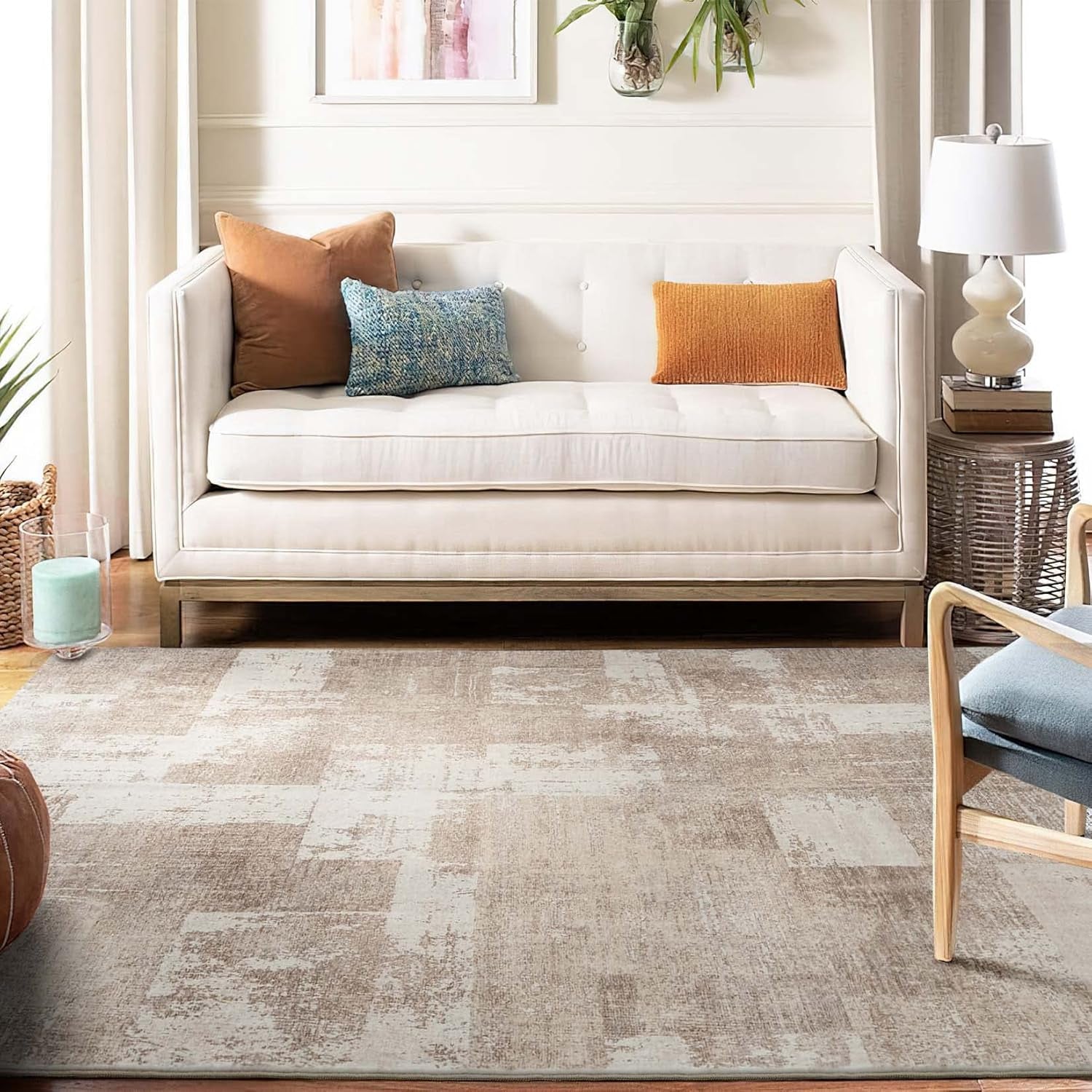 Area Rug Living Room Rugs: 5X7 Indoor Soft Small Low Pile Carpet Abstract Decor Large Washable for Bedroom Dining Room under Kitchen Table Home Office - Beige/Ivory