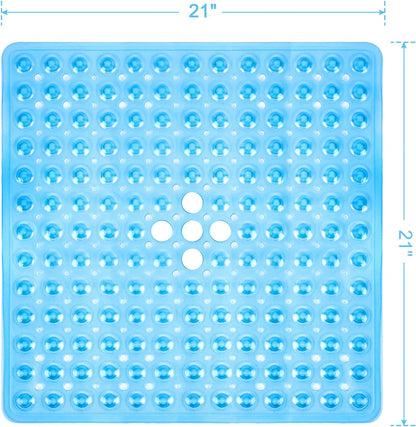 Shower Mat Non Slip 21 X 21 Inches, Square Shower Mat with Suction Cups and Drain Holes, Shower Stall Mat Machine Washable (Clear Blue)