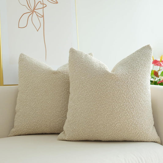 Pack of 2 Textured Boucle Throw Pillow Covers Accent Solid Pillowcovers Home Decor 20 X 20 Inch Beige
