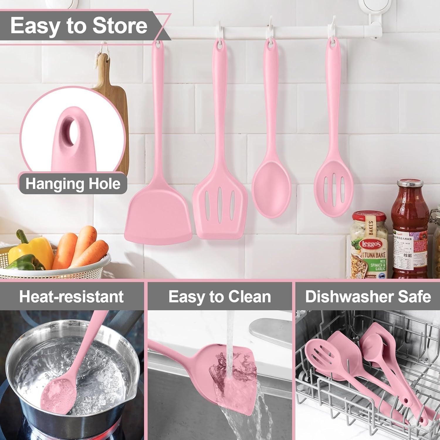 Kitchen Utensil Set, 4 Pieces Non-Stick Silicone Cooking Utensils, Heat-Resistant Slotted Solid Spoon Turner for Frying, Mixing, Serving, Non-Toxic & Easy to Clean, Pink
