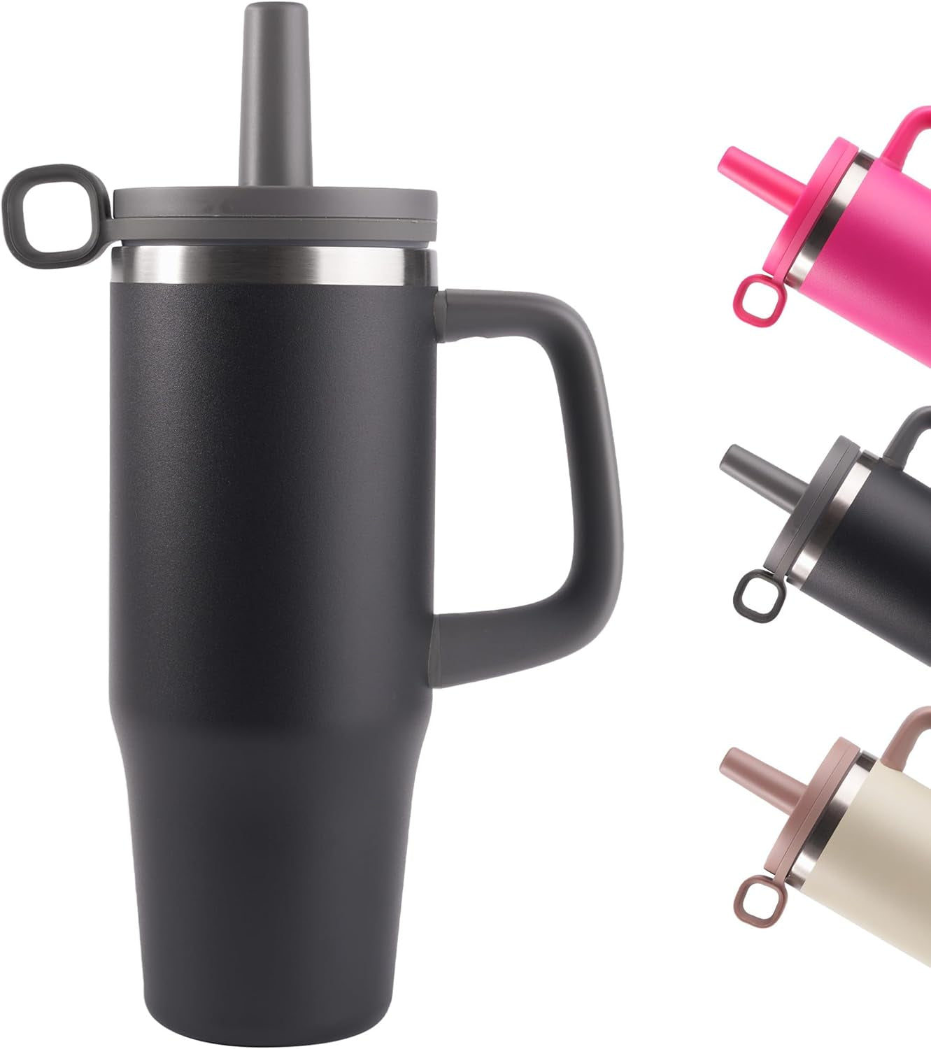 32Oz Tumbler, Insulated Stainless Steel Water Bottle with Straw, Cover Cap, Leak Proof Travel Tumbler with Handle, Bpa-Free, Cupholder Friendly, Gifts for Women & Men, Black