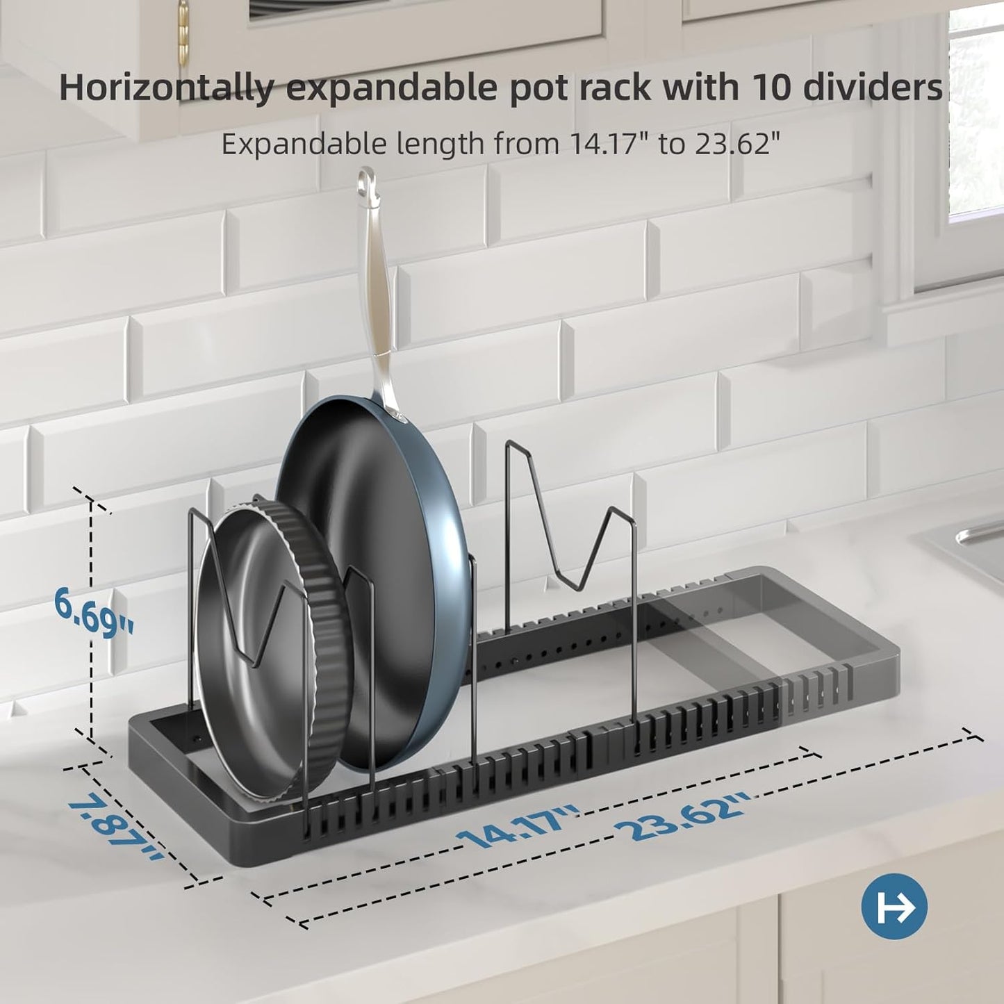 Pots and Pans Organizer Rack for Cabinet, Expandable Pot Lid Organizer Holder with 10 Adjustable Compartment, Kitchen Cabinet Organizer for Lids & Bakeware - Pantry & Countertop Storage Rack