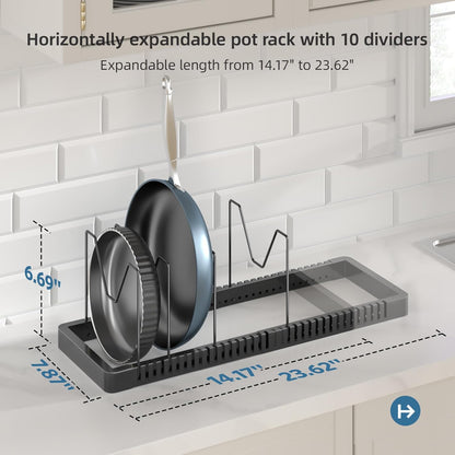 Pots and Pans Organizer Rack for Cabinet, Expandable Pot Lid Organizer Holder with 10 Adjustable Compartment, Kitchen Cabinet Organizer for Lids & Bakeware - Pantry & Countertop Storage Rack