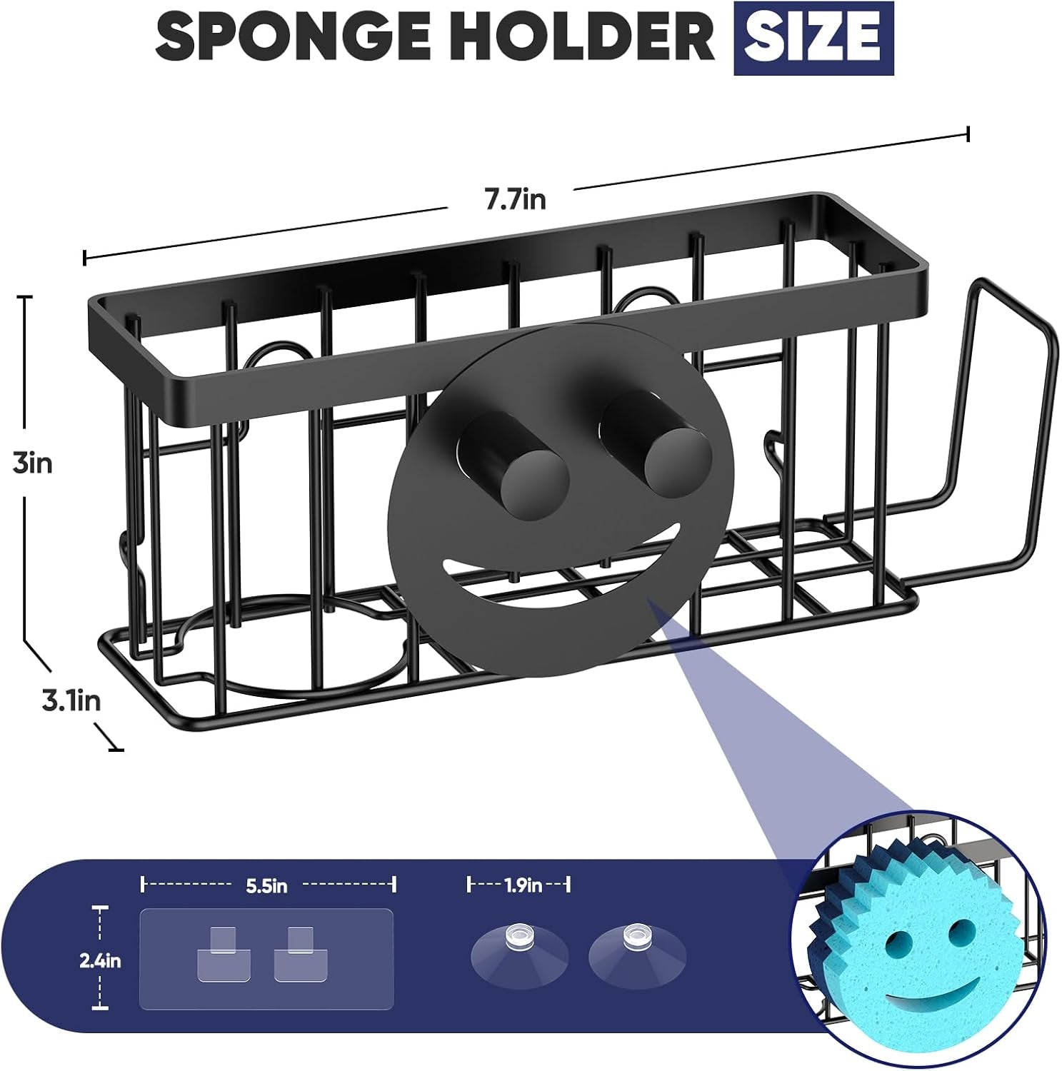 Sponge Holder for Kitchen Sink,Sink Caddy Smiley Face,4-In-1 Sponge Holder with Suction Cups & 1 PCS Adhesive Strips for Holding Soap,Brush,Scrubber,Sponge,Stopper-Black