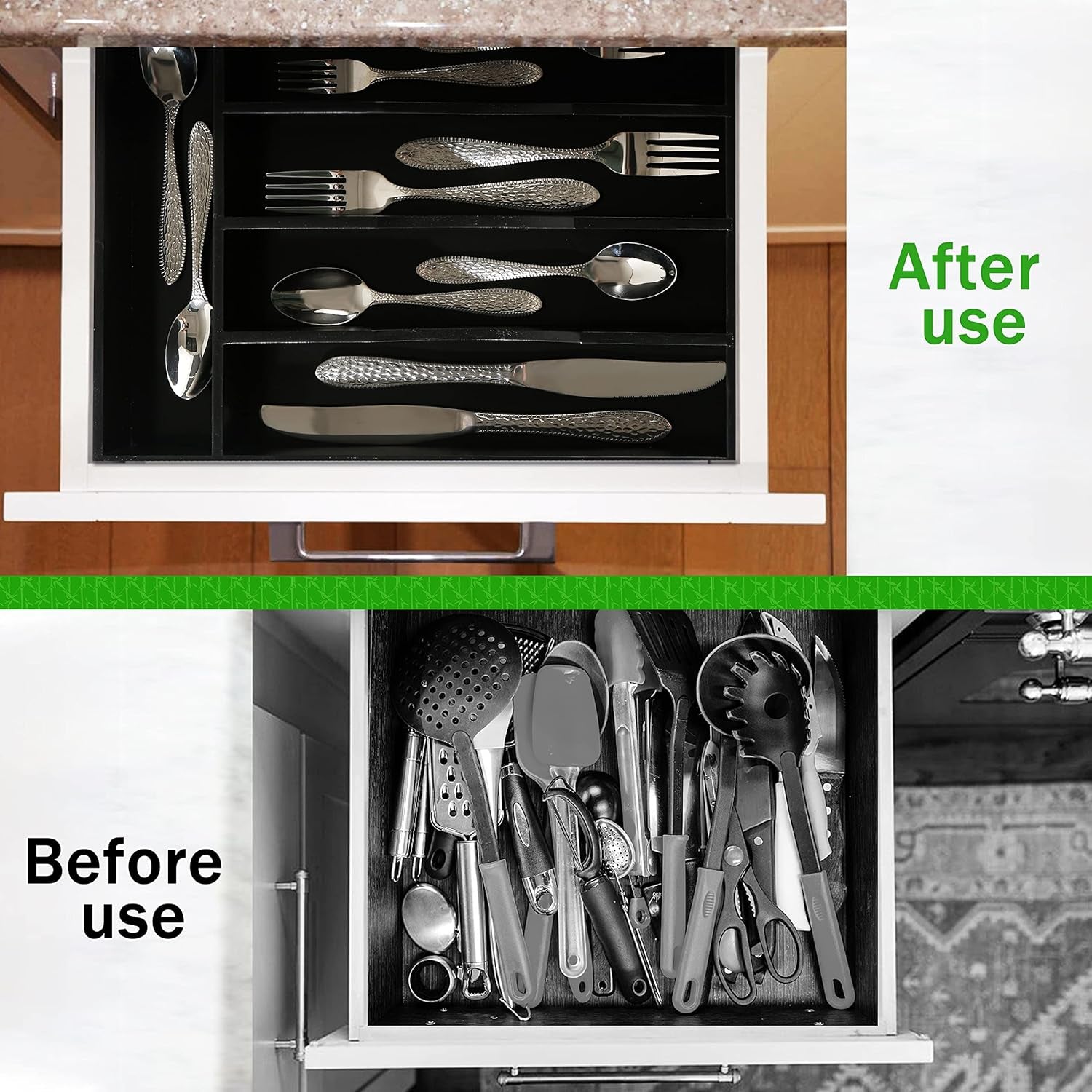 2 Pack Black Silverware Organizer 10 in Utensil Organizer Silverware Tray for Drawer Cutlery Flatware Organizer for Kitchen Bamboo Wood