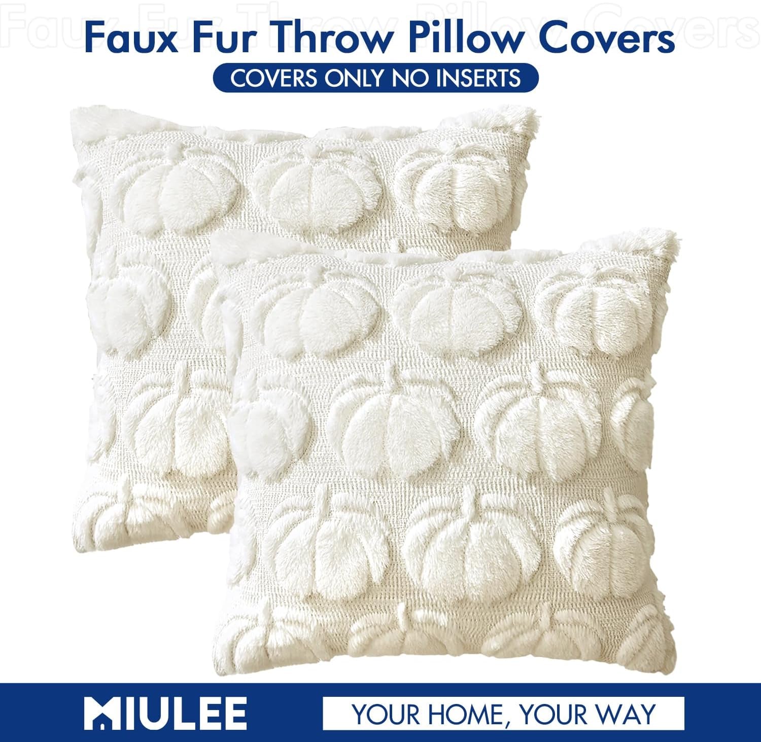 Autumn-Inspired Throw Pillow Covers 18x18 Set of 2 - Cream White Pumpkin Accent Pillowcases for Outdoor and Indoor Decor, Ideal for Sofa, Couch, Bed, and Living Room - Plush Faux Fur Halloween Farmhouse Home Accents
