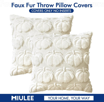 Autumn-Inspired Throw Pillow Covers 18x18 Set of 2 - Cream White Pumpkin Accent Pillowcases for Outdoor and Indoor Decor, Ideal for Sofa, Couch, Bed, and Living Room - Plush Faux Fur Halloween Farmhouse Home Accents