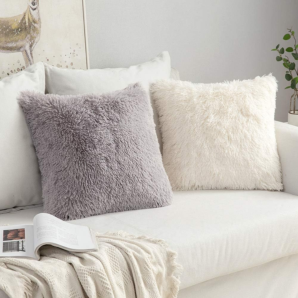 Pack of 2 Luxury Faux Fur Throw Pillow Cover Deluxe Winter Decorative Plush Pillow Case Cushion Cover Shell for Sofa Bedroom Car 18 X 18 Inch Beige