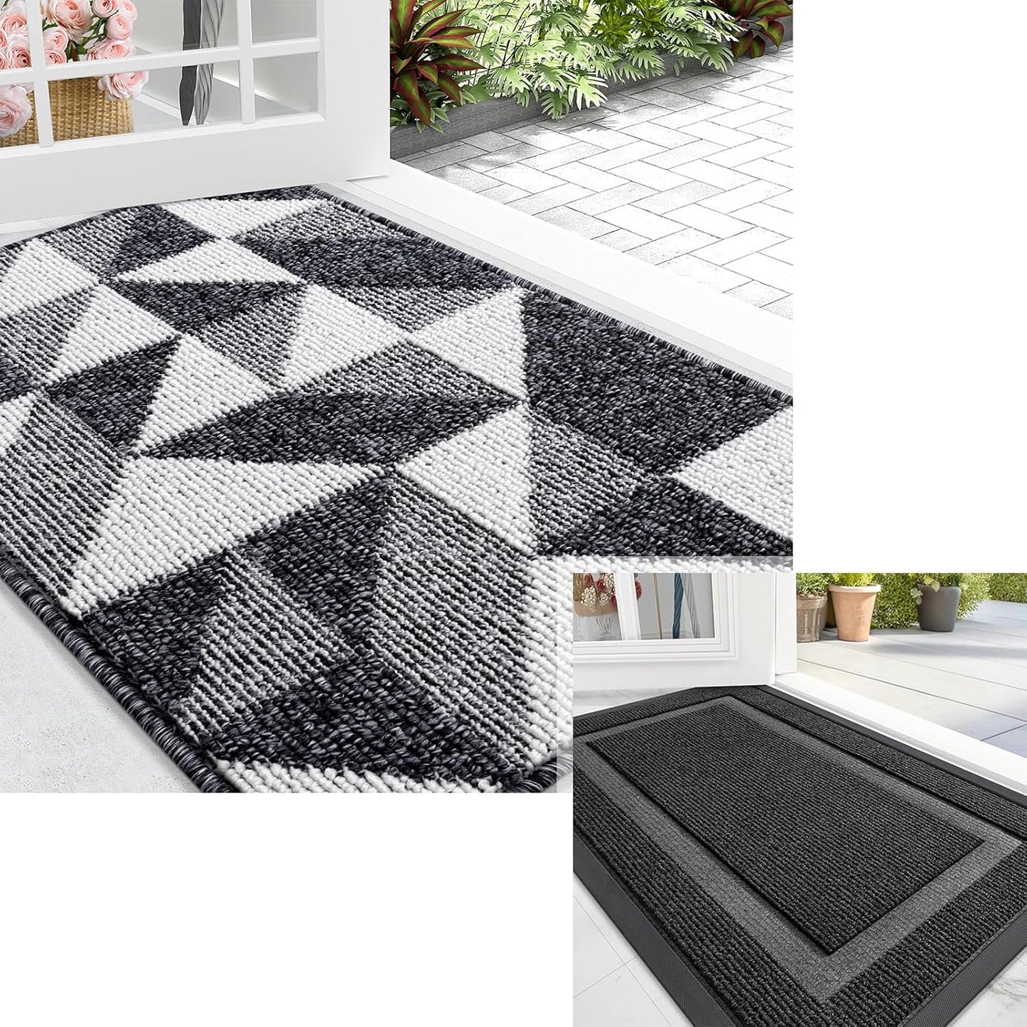 Door Mat 2 Piece Set, Front Door Mat Indoor Outdoor Entrance Size 29.5X17 in Black and Geometric Door Mat Size 32X20 in Black