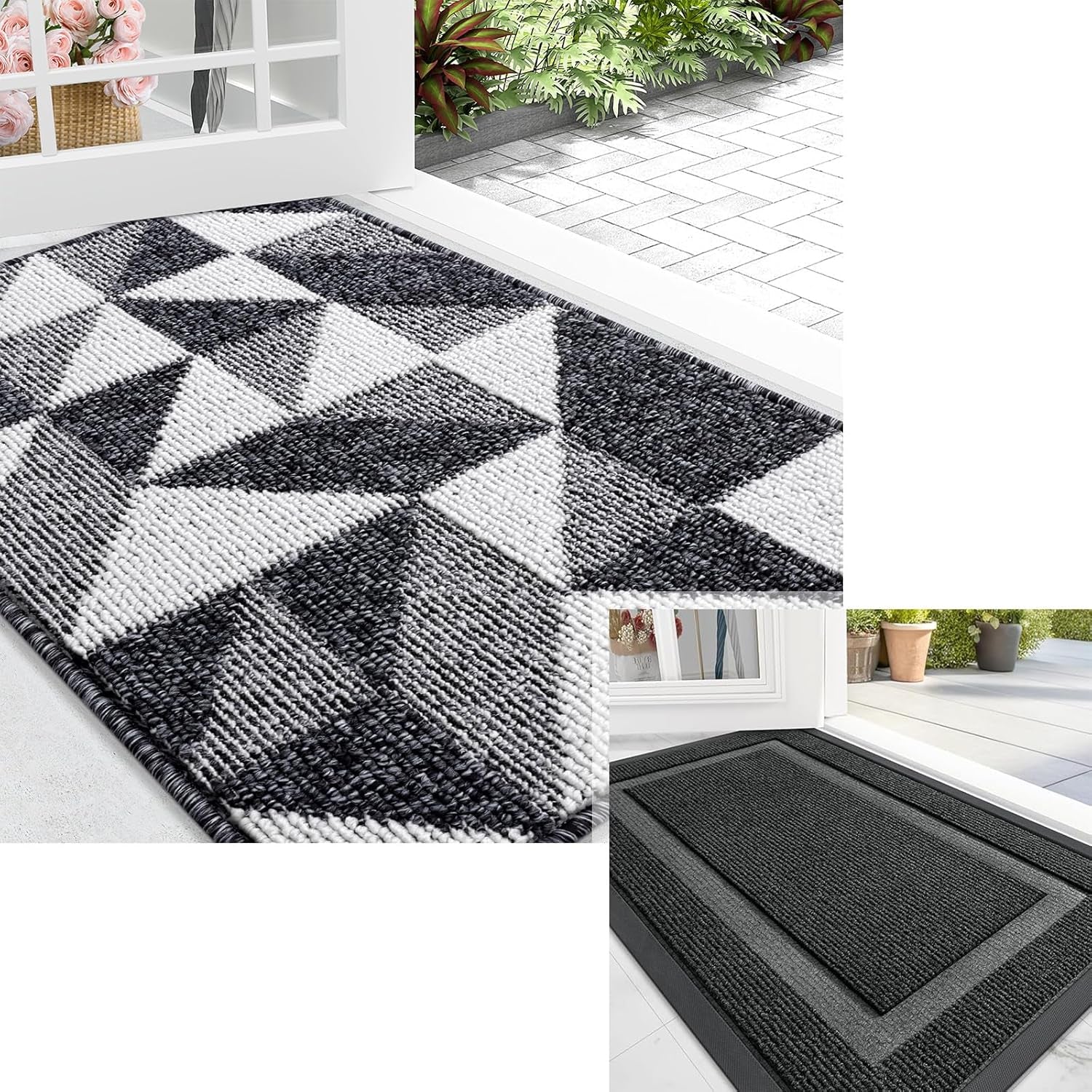 Door Mat 2 Piece Set, Front Door Mat Indoor Outdoor Entrance Size 29.5X17 in Black and Geometric Door Mat Size 32X20 in Black