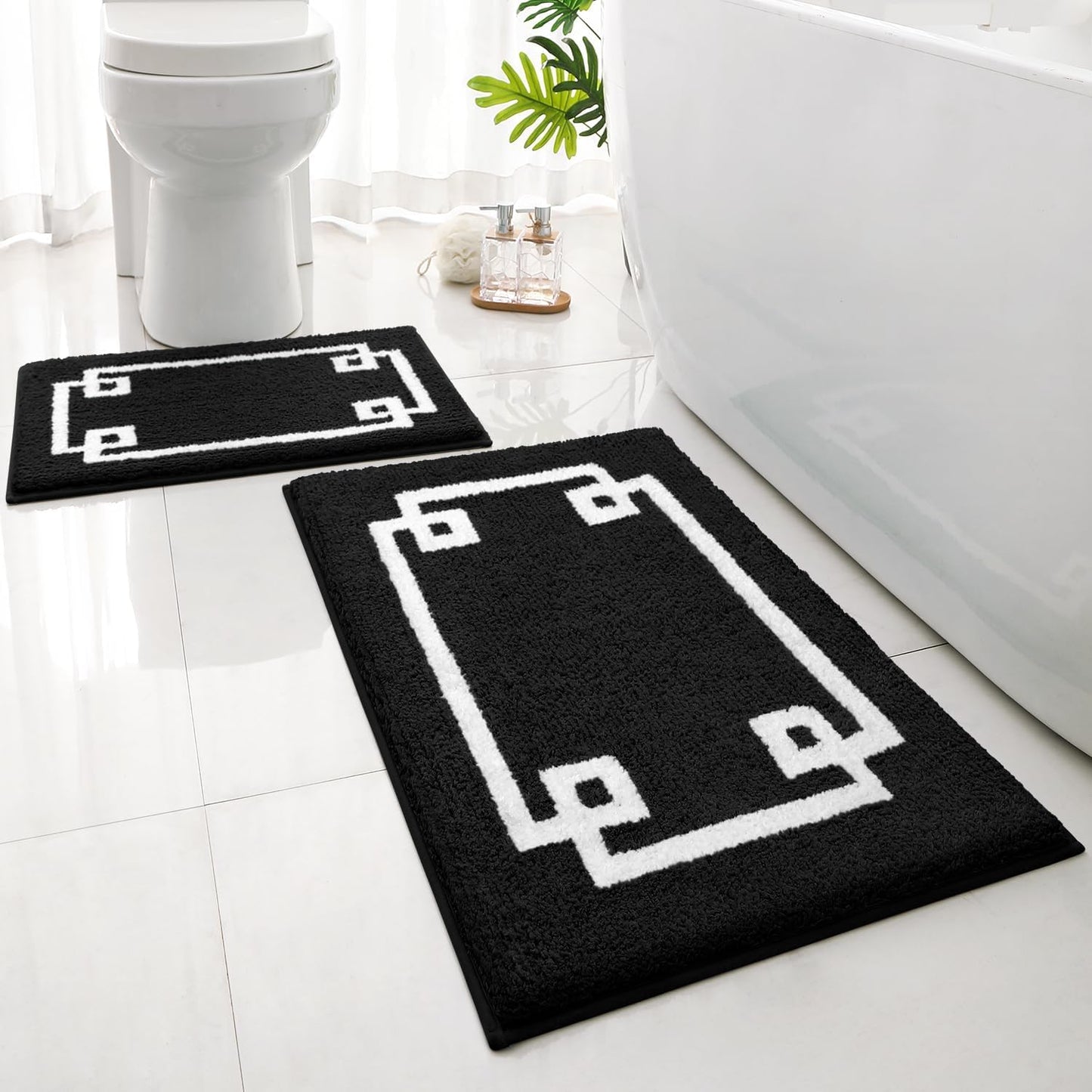 Bathroom Rugs Sets 2 Piece, Soft and Water Absorbent Microfiber Carpet, Non-Slip Washable Bath Mats (20"X32"+16"X24", Black and White)