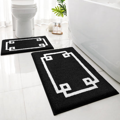 Bathroom Rugs Sets 2 Piece, Soft and Water Absorbent Microfiber Carpet, Non-Slip Washable Bath Mats (20"X32"+16"X24", Black and White)