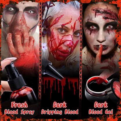 Halloween Fake Blood Makeup Kit, 3PCS Realistic Washable Costume Blood Set (1.69Oz Spray + 1.69Oz Dripping + 1.01Oz Coagulated ) for Zombie Vampire SFX, Dark Coagulated & Fresh Spray Effects