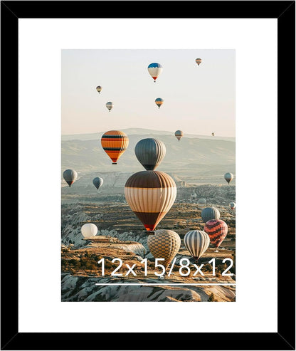 12X15 Picture Frame with Mat, Display 8X12 with Mat or 12 X 15 without Mat, Wood 12 by 15 Photo Frames for Wall Hanging, 1 Pack, Black