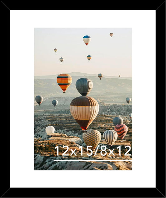 12X15 Picture Frame with Mat, Display 8X12 with Mat or 12 X 15 without Mat, Wood 12 by 15 Photo Frames for Wall Hanging, 1 Pack, Black