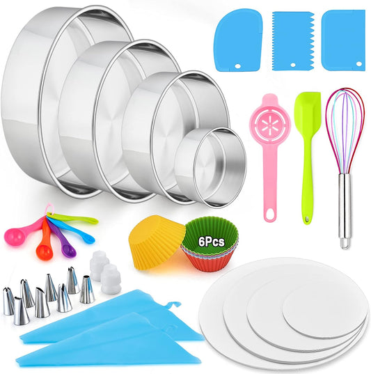 153Pcs Cake Baking Pan Set Decorating Supplies Kit,  Stainless Steel 4/6/8/9.5 Inch Cake Pans with Icing Tips Tools, Parchment Papers, Whisk, Egg Separator, Muffin Cups, Measuring Spoon