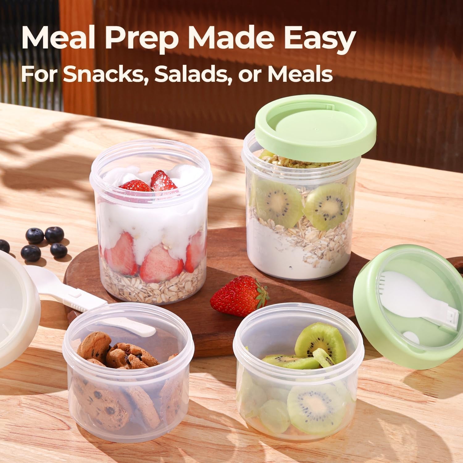 2 Pack Overnight Oats Containers with Lids 27 Oz, Plastic Yogurt Parfait Cups with Folding Spoons to Go, Dual-Layer Chia Pudding Jars Reusable with Granola Holder for Snack, Meal Prep, Sala