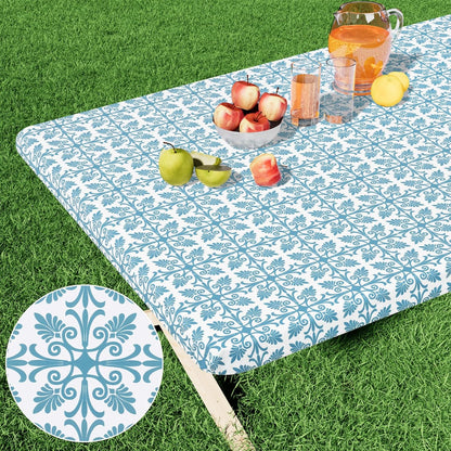Rectangle Vinyl Table Cloth, Elastic Fitted Flannel Backed Tablecloth, 100% Waterproof Plastic Table Cover Fits 6 Foot Folding Tables for Picnic, Camping, Outdoor (Aqua, 30" X 72")