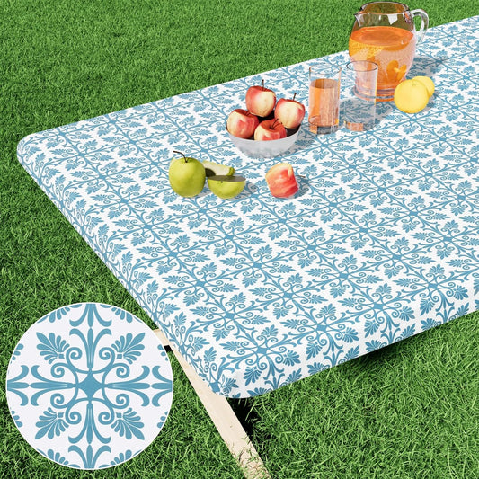 Rectangle Vinyl Table Cloth, Elastic Fitted Flannel Backed Tablecloth, 100% Waterproof Plastic Table Cover Fits 6 Foot Folding Tables for Picnic, Camping, Outdoor (Aqua, 30" X 72")