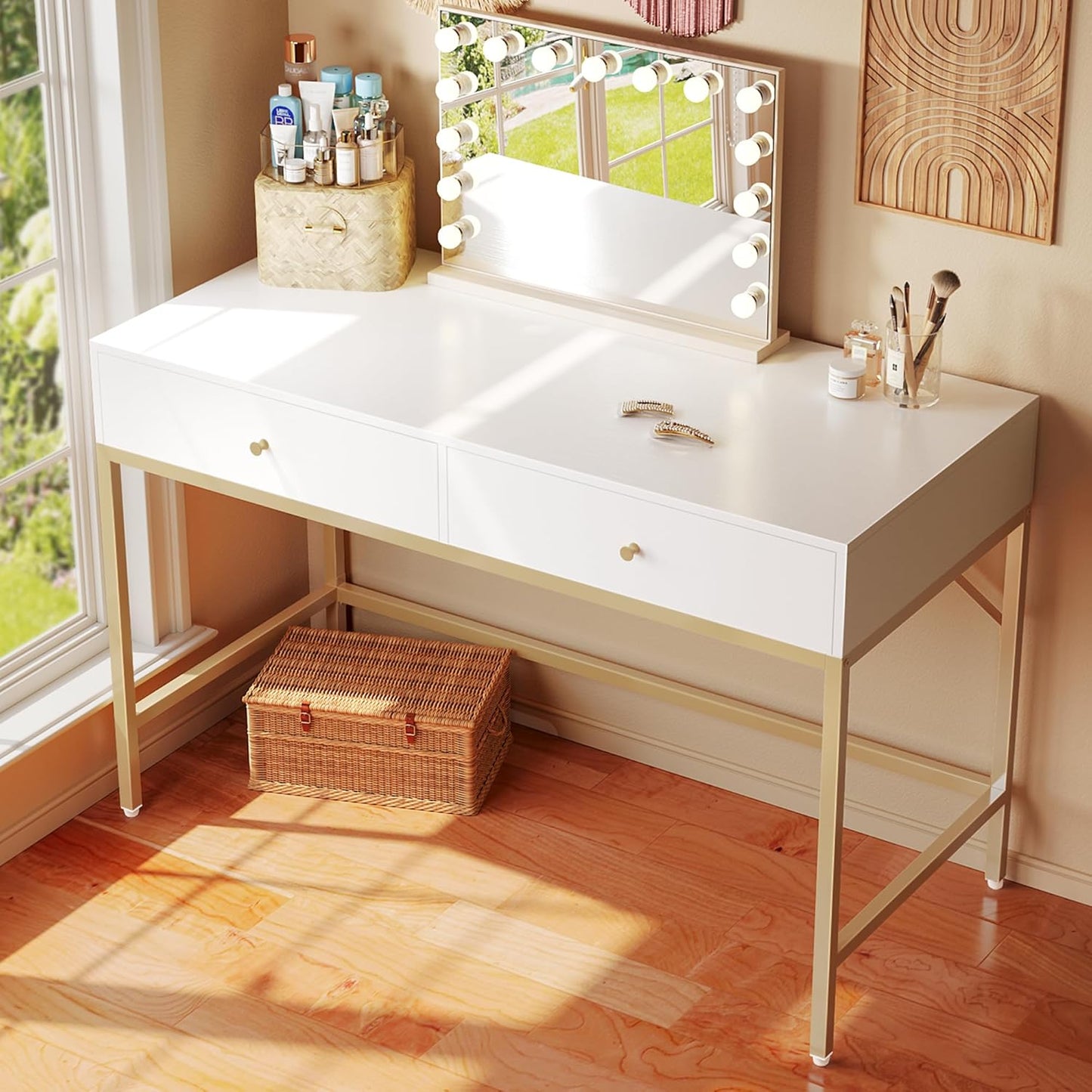 Modern 47-Inch Vanity Desk with Drawers - White and Gold Makeup Dressing Table and Home Office Desk