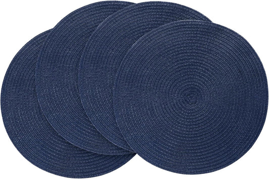 15-Inch Round Braided Placemats Set of 4, Washable Heat-Resistant Cotton-Polyester Circle Place Mats for Kitchen Dining Table - Navy Blue
