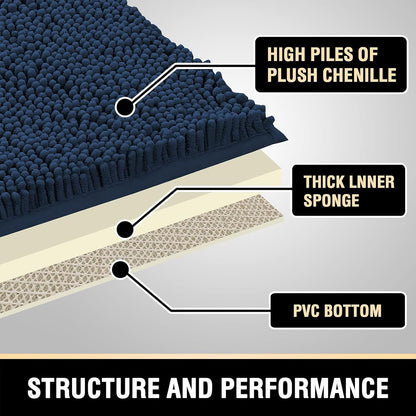 Bath Mat Bath Rug for Bathroom Luxury Chenille Bathroom Rug Mat Extra Soft and Absorbent Microfiber Shaggy Rugs Non Slip Rug Quick Dry Bath Mat Washable, 17 X 24 Inches, Navy