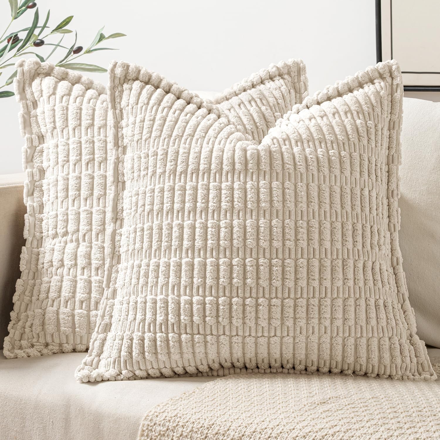 Cream White Corduroy Decorative Throw Pillow Covers Pack of 2 Soft Striped Pillows Pillowcases with Broad Edge Modern Winter Cute Boho Home Decor for Couch Sofa Bed 18X18 Inch