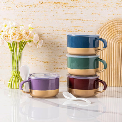 Professional Ceramic Soup Mugs Set of 4 with Handles and Lids, 24 OZ Capacity, Terracotta Underside, Includes Spoons for Soup, Cereal, Salad, Noodles, Ramen, Microwave and Dishwasher Safe, Multicolor
