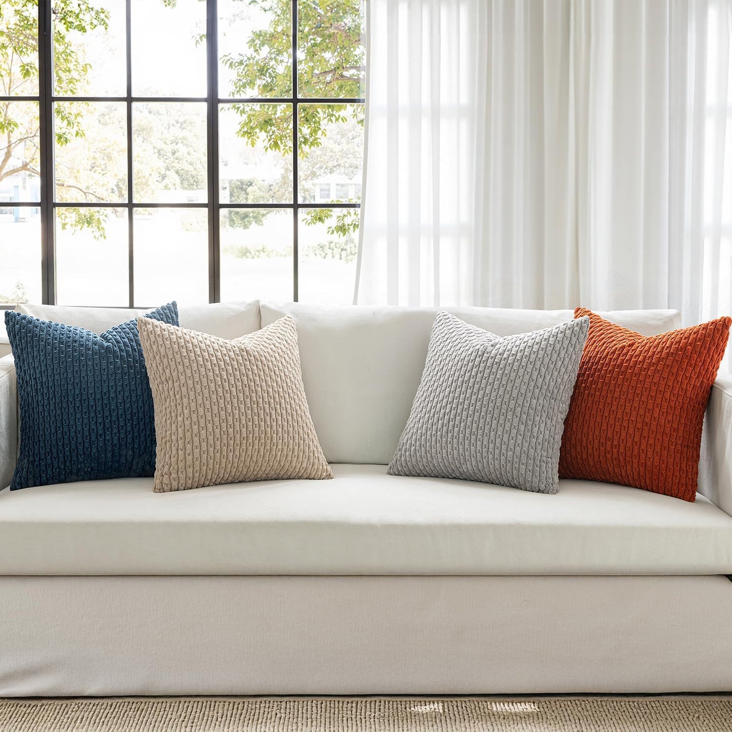 Fall Throw Pillow Covers Soft Couch Decorative Set of 4 Boho Striped Cushion Covers Corduroy Pillowcases Farmhouse Accent Home Decor for Couch Bed Sofa Living Room 18X18 Inch Blue and Orange