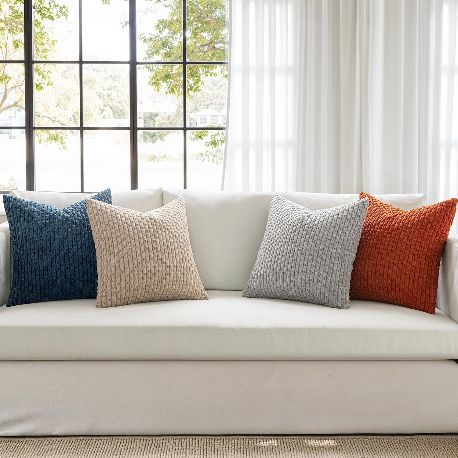 Fall Throw Pillow Covers Soft Couch Decorative Set of 4 Boho Striped Cushion Covers Corduroy Pillowcases Farmhouse Accent Home Decor for Couch Bed Sofa Living Room 18X18 Inch Blue and Orange