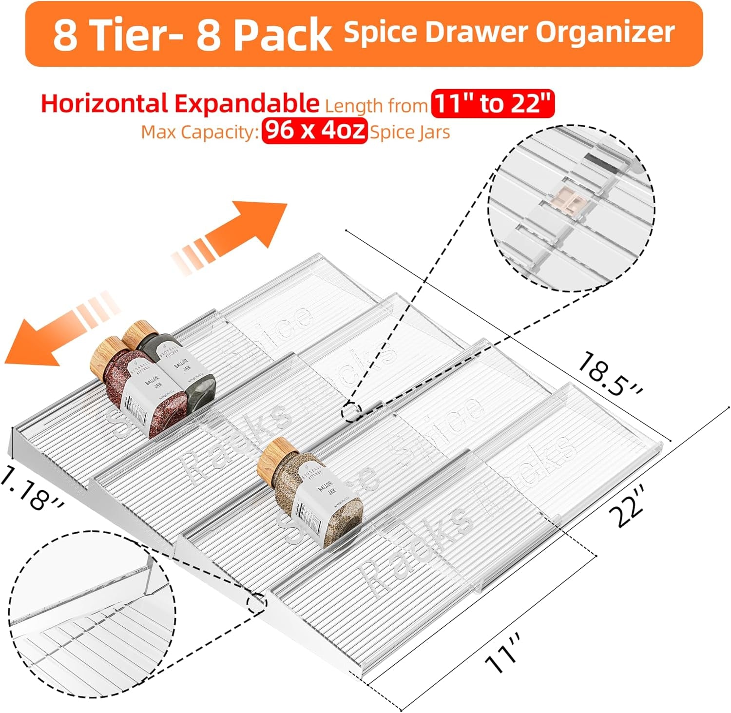8 Packs Spice Drawer Organizer, 2-Tier Acrylic Drawer Seasoning Organizer, Expandable from 11'' to 22'' Kitchen Spice Rack Organizers and Storage for Drawer (Jars Not Included), Clear