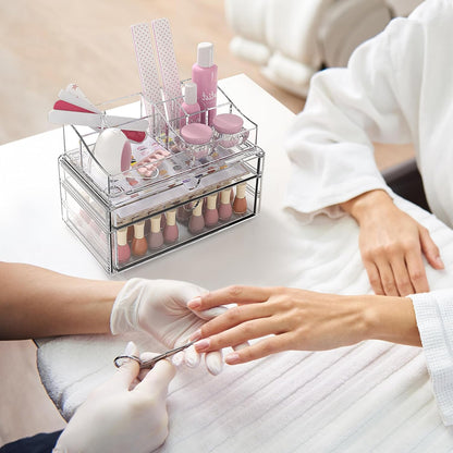 3-Tier Clear Makeup Organizer with Drawer, Acrylic Cosmetic Display Case for Makeup Vanity Bathroom Counter Organizers and Storage, Stackable Vanity Organizer for Brushes Lipsticks Skincare