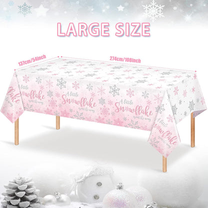 3Pcs Winter Snowflake Tablecloth, Little Snowflake Is on the Way Baby Shower Plastic Pink Tablecloth, Winter Wonderland Baby Shower Decorations for Onederland Princess Gender Reveal, 54X108Inch