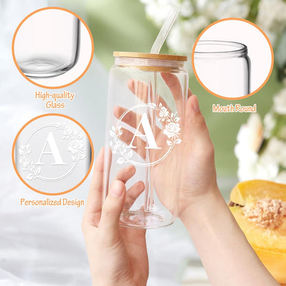 Birthday Gifts for Women, Monogrammed Initial Glass Cup Personalized Gifts for Women, 16Oz Glass Cups with Lids and Straws, Iced Coffee Cup, Beer Can Shaped Glass - Gifts for Christmas, Birthday, A