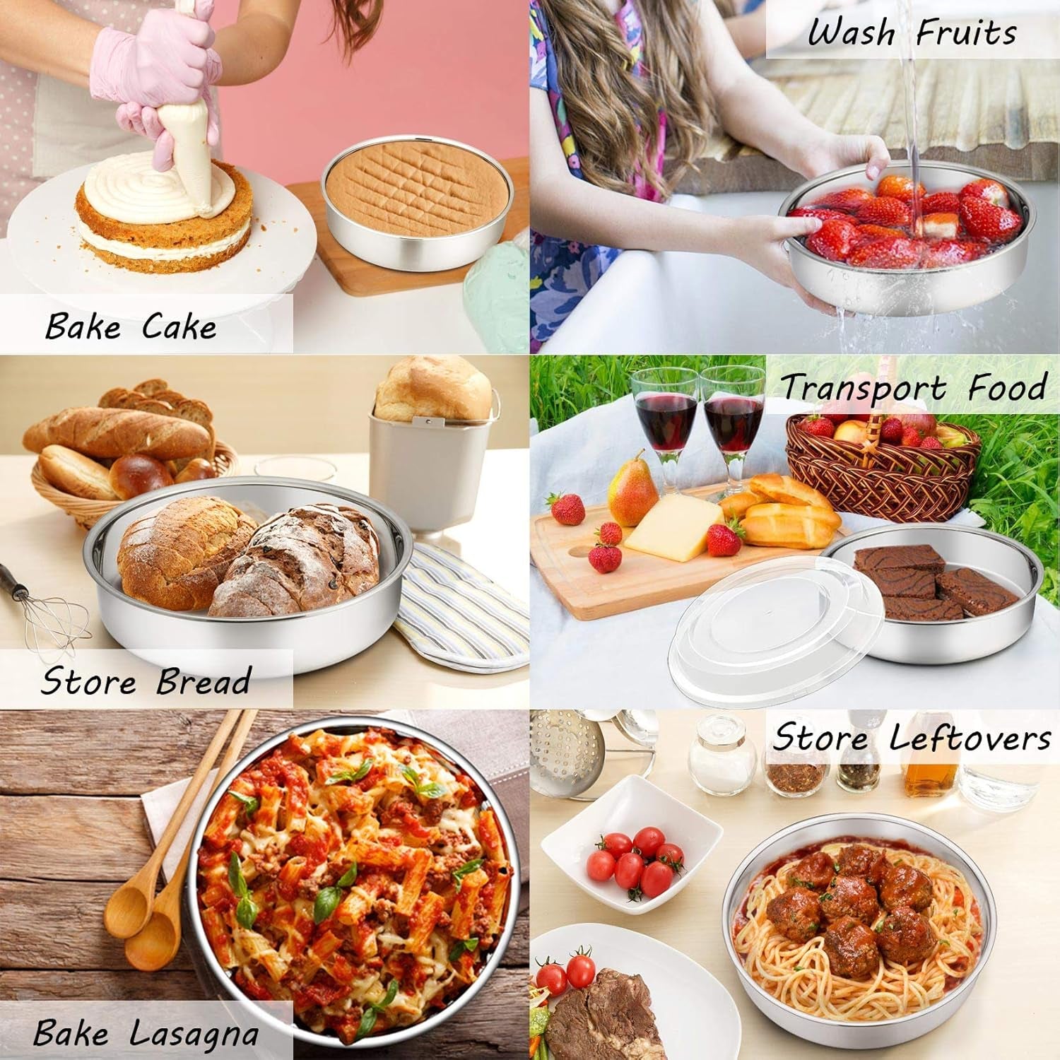 8-Inch Cake Pan with Lid Set (3 Pans + 3 Lids), Stainless Steel round Baking Pans for Picnic Wedding Birthday, Leak-Proof Pan & Raised Plastic Cover, Healthy & Non-Toxic, Dishwasher Safe