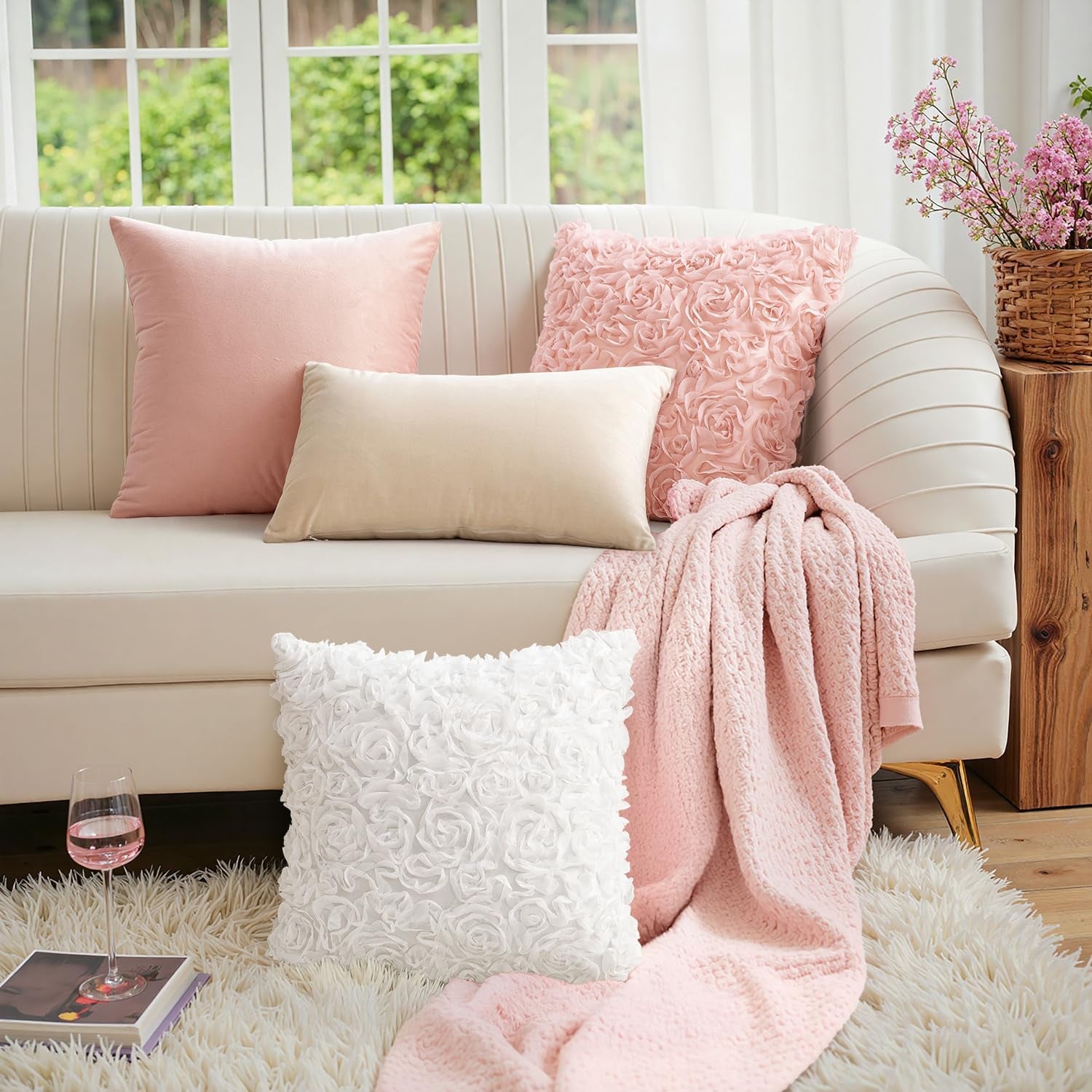 3D Decorative Romantic Valentines Stereo Chiffon Rose Flower Throw Pillow Cover Solid Pillowcase for Girl Women Wedding Sofa Bedroom Car Decor 12X20 Inch 30X50Cm White