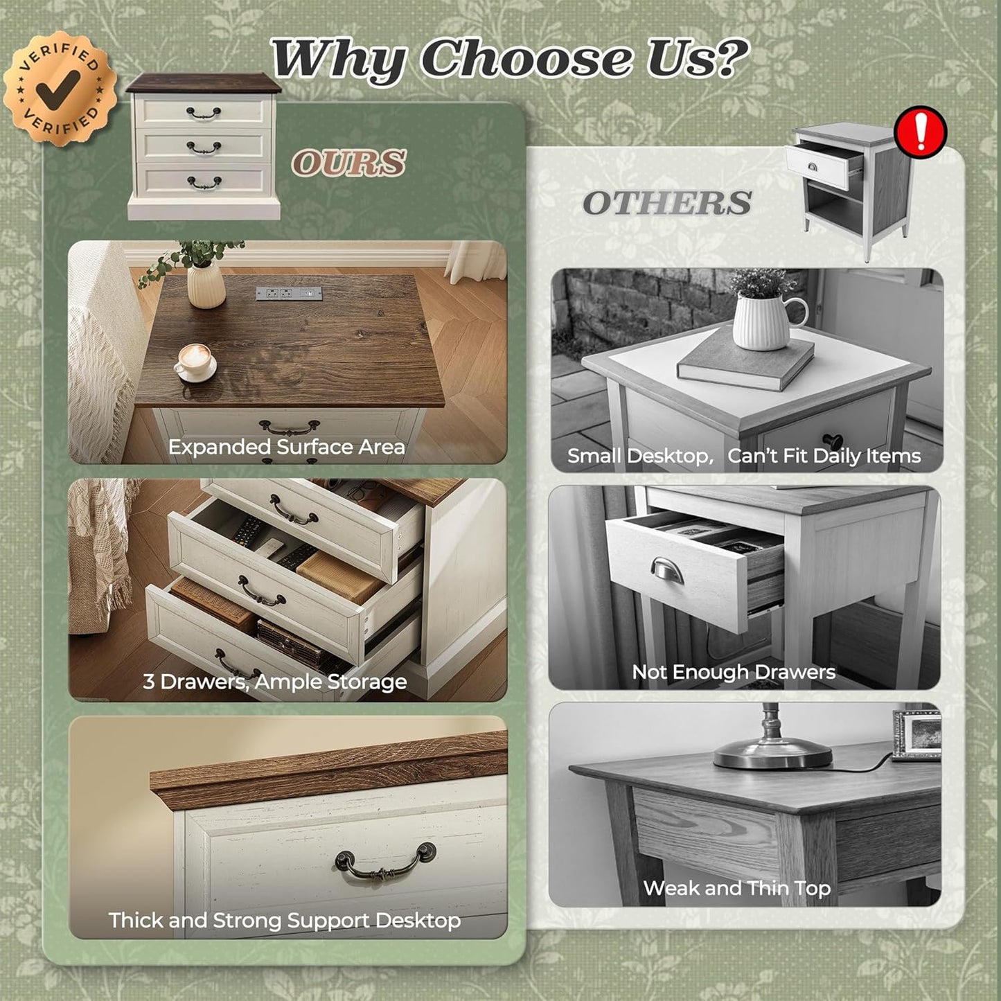 Farmhouse Nightstand Set of 2 with Charging Station and Vintage Handles, 22-Inch Wide Storage Side Table in Distressed White