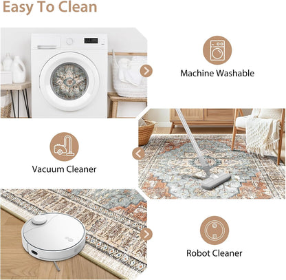 8X10 Area Rug Washable Rugs for Living Room, No Pile Boho Carpet for Entryway Bedroom Dinning Room, Vintage Carpet Print Distressed Non-Slip, 8 X 10 Ft, Green Brick Rust Red