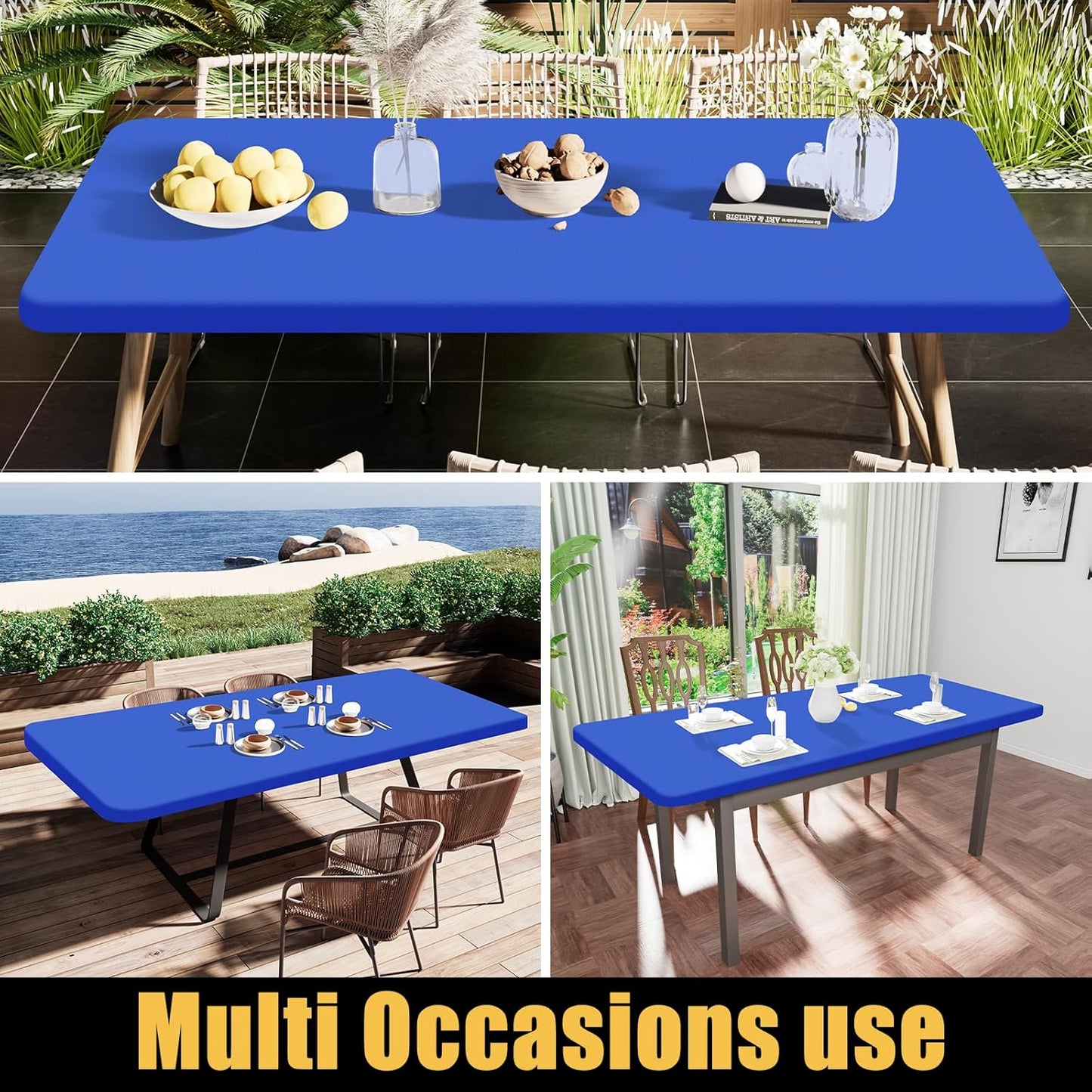 Elastic Fitted Vinyl Tablecloth with Flannel Backing for 6Ft Folding Tables, Waterproof and Wipeable, Ideal for Indoor and Outdoor Use (Blue, 30" x 72")