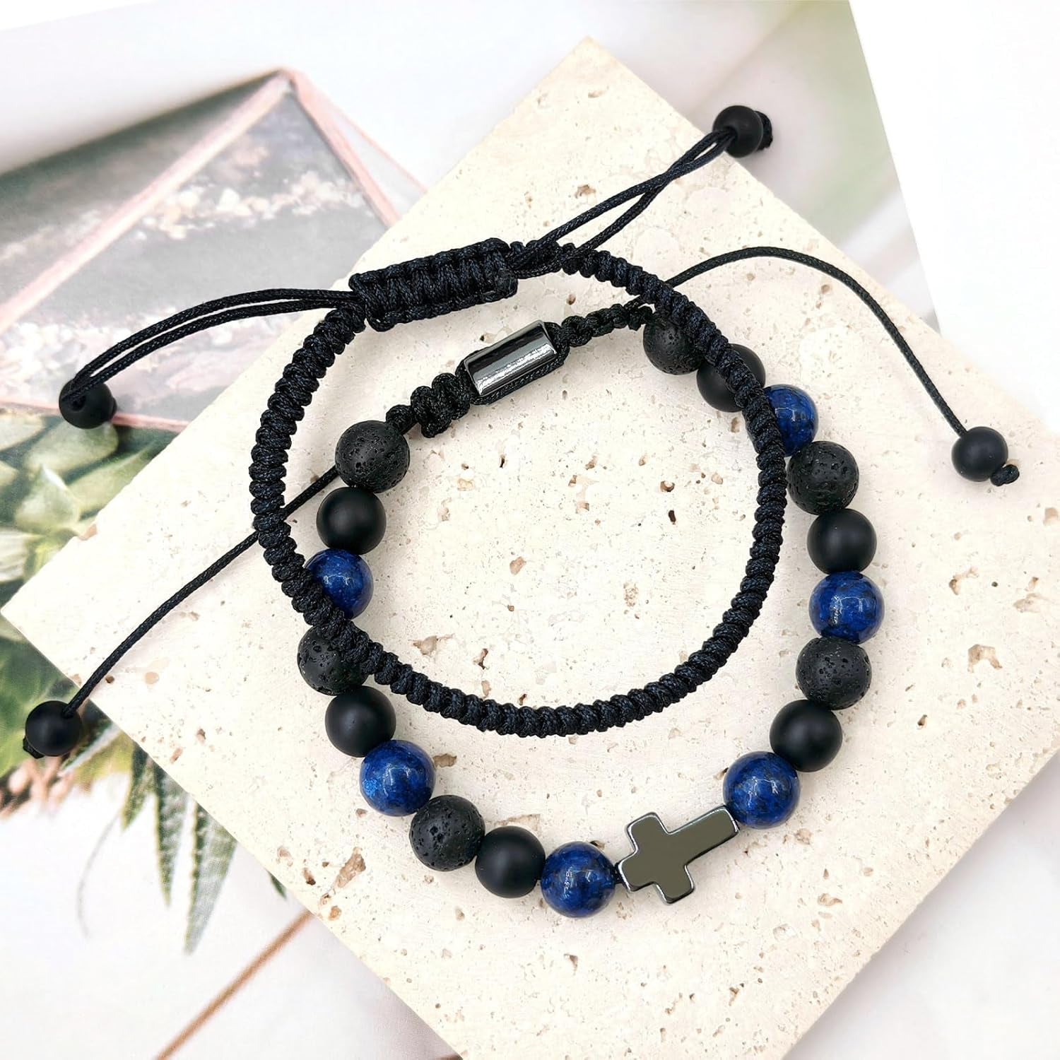 Cross Communion Beads Bracelets Gifts for Teenage Boys, Christian Baptism Lapis Lazuli Bracelets Gifts for Grandson Son Brother Cousin Teens Friends