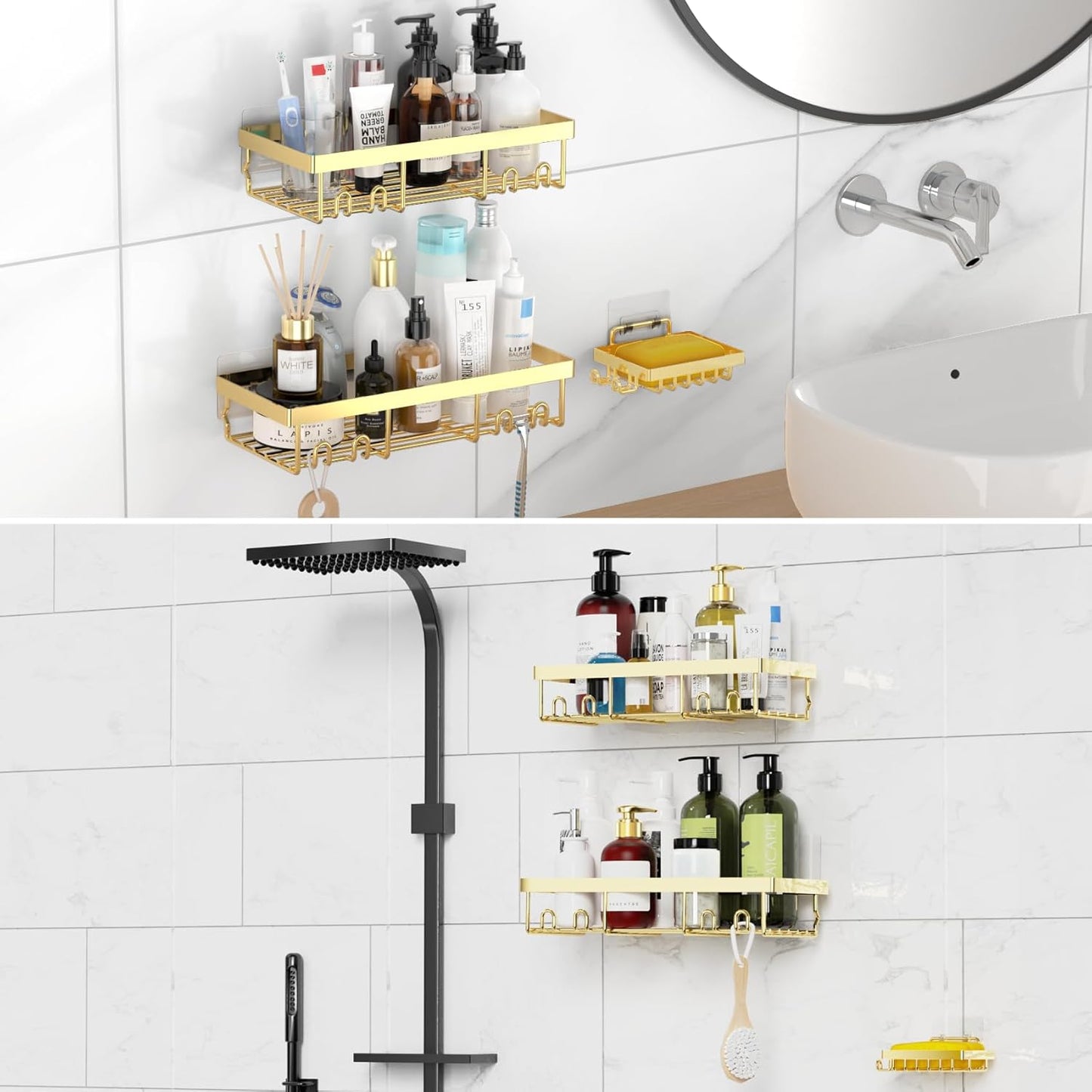 3-Pack Shower Caddy Basket Shelf with Soap Holder, No Drilling Traceless Adhesive Shower Wall Shelves, Rustproof Gold Bathroom Shower Storage Organizer