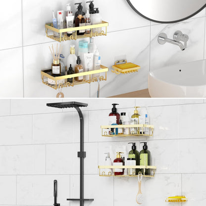 3-Pack Shower Caddy Basket Shelf with Soap Holder, No Drilling Traceless Adhesive Shower Wall Shelves, Rustproof Gold Bathroom Shower Storage Organizer