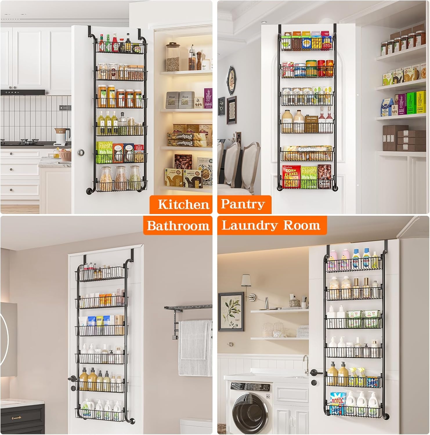 over the Door Pantry Organizers and Storage, 6-Tier Spice Rack, Home & Kitchen Storage Shelves for Cabinet, Large Capacity Hanging Seasoning Organizer, Laundry Room Organization, Black